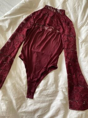 Women's Burgundy Lace Long-Sleeve Bodysuit